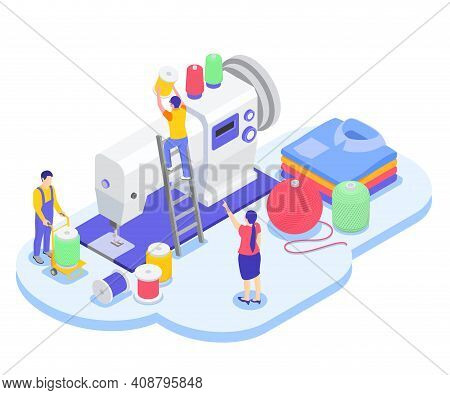 Textile Mill Spinning Industry Isometric Composition With Small Characters Of Workers On Top Of Sewi