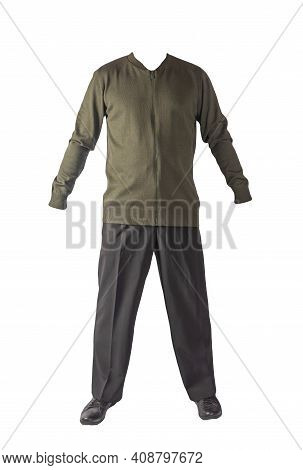 Men's Dark Green Knitten Bomber Jacket ,black Pants  And Black  Leather Shoes Isolated On White Back