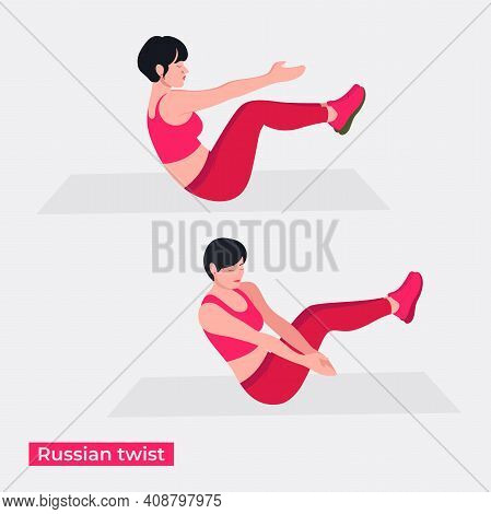 Russian Twist Exercise, Women Workout Fitness, Aerobic And Exercises. Vector Illustration.