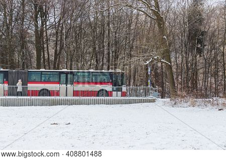 Brno, Czech Republic, February, 11, 2021 - Public Transport Bus Number 50 At The Stop Goes In The Di