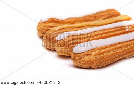 Eclair Isolated. Eclair Cake Isolated On White Background.