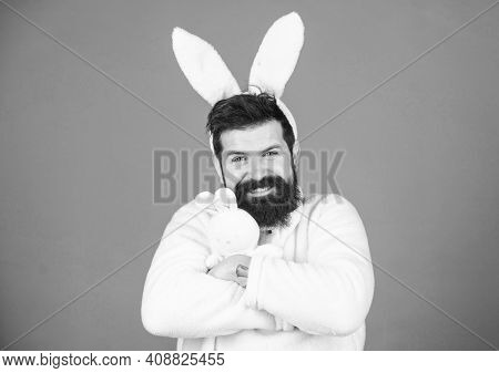 Childhood Memories. Man Handsome Face Wear White Bunny Ears. Easter Bunny. White Bunny Symbol Of Eas