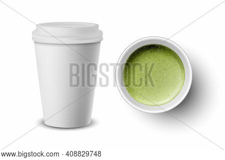 Vector 3d Realistic Paper White Disposable Cup With Lid Set Isolated On White Background. Green Milk