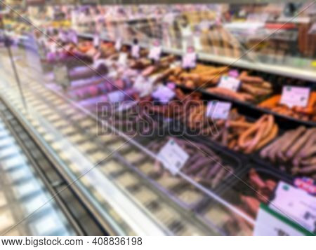 Blurred View Of Interior Of Large Food Shopping Center