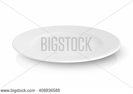 Vector 3d Realistic White Empty Porcelain, Ceramic Plate With Reflection Closeup Isolated On White B