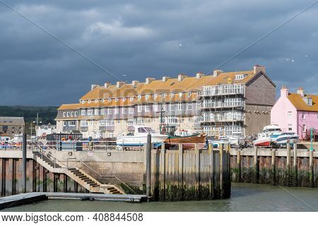 West Bay.dorset.united Kingdom.june 29th 2020.view Of The Pier Terrace At West Bay In Dorset