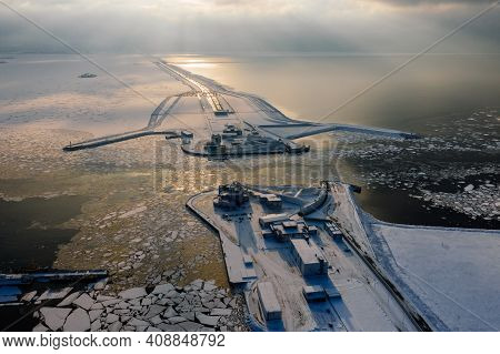 Panoramic Aerial View Of The Complex Of Protective Structures Of St. Petersburg Against Floods. Navi