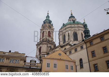 Lesser Town Square, View Of Baroque Church Of Saint Nicholas, Large Dome And Tower, Town With Histor