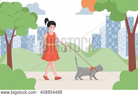 Young Pretty Girl In Red Dress Walking In City Park With Cat Vector Flat Illustration. Girl Taking P