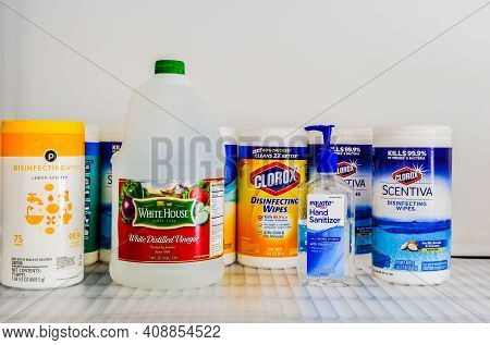 Sanitation And Cleaning Supplies On A Shelf For Illustrative Editorial