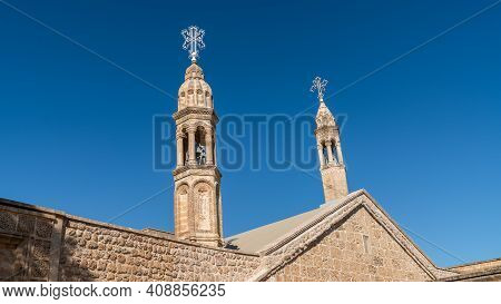Midyat, Mardin, Turkey - January 2020: Architectural Details Of Mor Gabriel Deyrulumur Monastry. It 