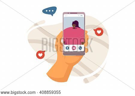 Hand Of Person Using Mobile Phone For Video Call, Talking To Girl Friend. User Holding Cellphone Wit