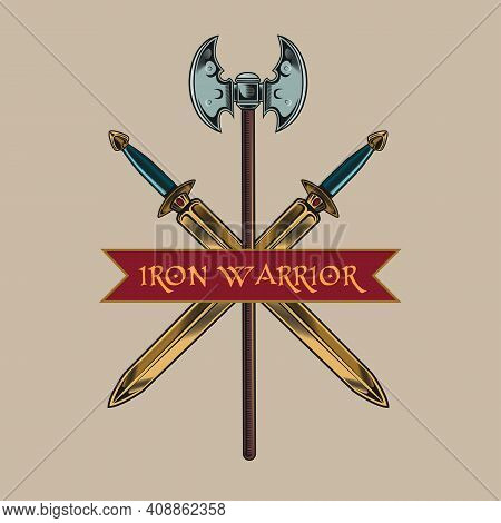 Vintage Emblem With Crossed Swords And Pole Axe Vector Illustration. Colorful Ancient Steel Weapon. 