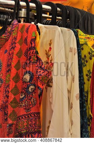 Close-up Of Indian Woman Fashion Salwar Kameez Kurta In Shop Display
