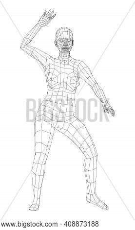 Wireframe Ballerina Or Dancer In Dance Pose. Vector 3d Rendering