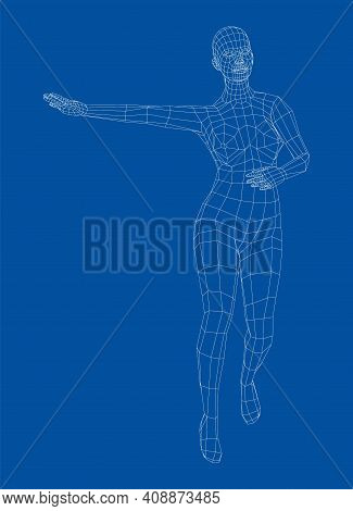 Wireframe Ballerina Or Dancer In Dance Pose. Female Dancing Salsa. Vector 3d Rendering