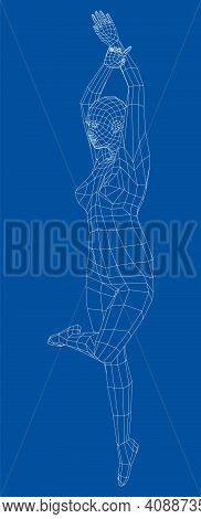 Wireframe Ballerina Or Dancer In Dance Pose. Vector 3d Rendering