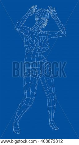 Wireframe Ballerina Or Dancer In Dance Pose. Vector 3d Rendering