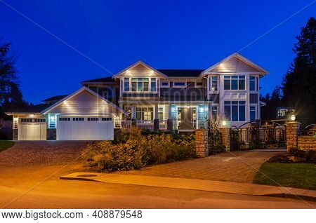 Luxury house at night in Vancouver, Canada.