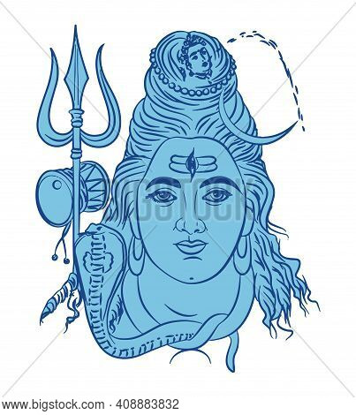 Sketch Of Indian Famous And Powerful God Lord Shiva And His Symbols Outline, Silhouette Editable Ill