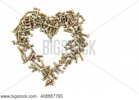 A Heart Of Bolts And Nuts On A White Background.