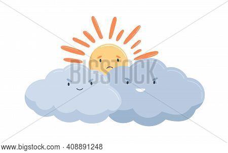 Sad Sun Hiding Behind Clouds With Evil Smiles. Cloudy Weather Forecast. Cute Baby Characters Isolate