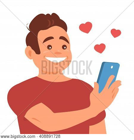 A Young Man Gets Likes On Social Networks. Smartphone In Hand. Happy Smile On Your Face. Vector Cart