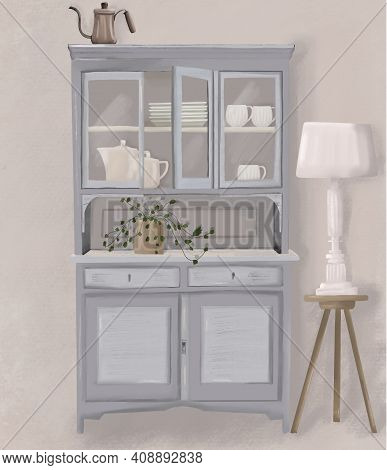 Grey Retro Buffet And White Lamp Standing On A Stool
