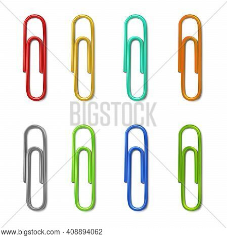 3d Realistic Colorful Collection Of Paperclips. Isolated On White Background.