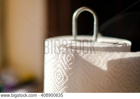 Close Up On A Roll Of Kitcen Paper Towels. Selective Focus