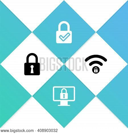 Set Lock, On Monitor, And Check Mark And Wifi Locked Icon. Vector