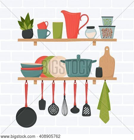 Set Of Kitchen Accessory On Shelves. Vector Kitchen Tools. Kitchen Shelves In Retro Style. Household