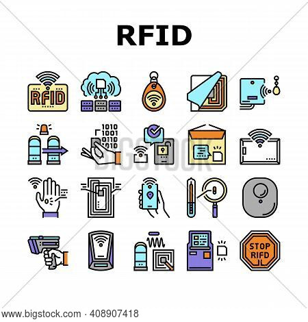 Rfid Chip Technology Collection Icons Set Vector. Security Card And Trinket, Development And Program
