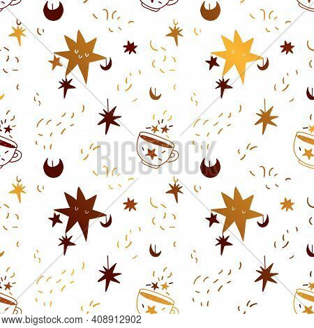 Gold Seamless Pattern With Sleeping Stars And A Mug Of Magic Drink. A Hand-drawn Pattern Of Celestia