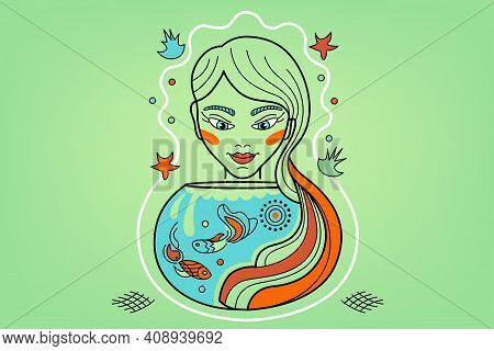 Pisces Constellation, Zodiac Sign, Fish Lover Girl With Aquarium, Tank On A Green Background. Vector