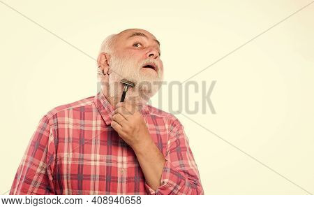 Mature Bearded Man Isolated On White. Cut And Brush Hair. Barbershop Concept. Shaving Accessories. U