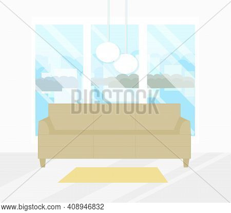 Sofa In Front Of The Window Carpet Cityscape Outside The Window Art Design Element Flat Design Stock