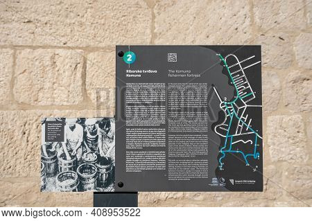 Komiza, Croatia - Aug 16, 2020: Information Board Of Geography In Komiza Area In Croatia
