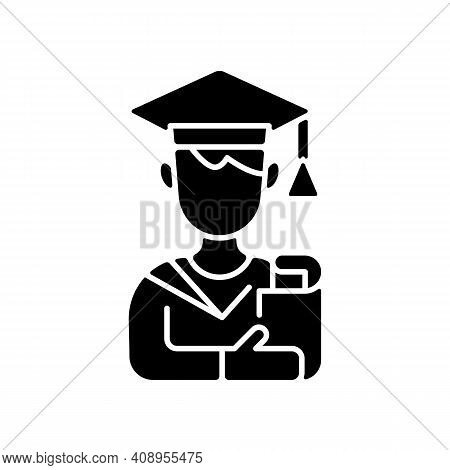 Male Student Black Glyph Icon. Early Adulthood. Establishing Identity. Pursuing Education. Life Stag
