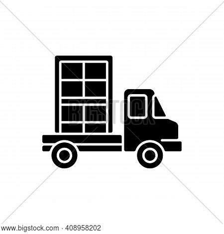 Window Delivery Black Glyph Icon. Customer Service. Delivering Building Materials On Residential Con