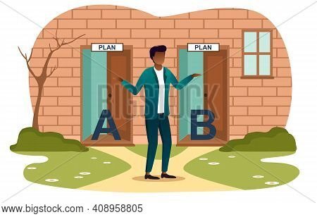 Male Character Is Standing Next To Two Doors And Trying To Choose The Right Path. Concept Of Plan Ch