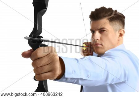 Businessman With Bow And Arrow Practicing Archery Against White Background, Focus On Hand