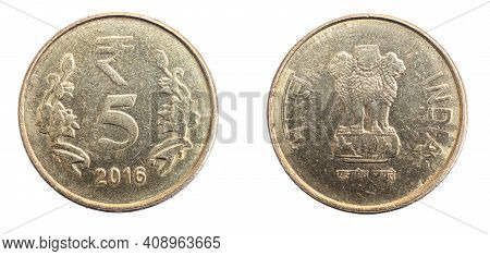 India Five Rupees Coin On White Isolated Background