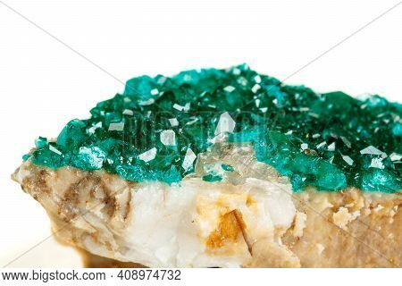 Macro Mineral Stone Dioptase Silicate Copper On A White Background