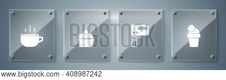 Set Ice Cream, Electric Mixer, Cake And Coffee Cup. Square Glass Panels. Vector