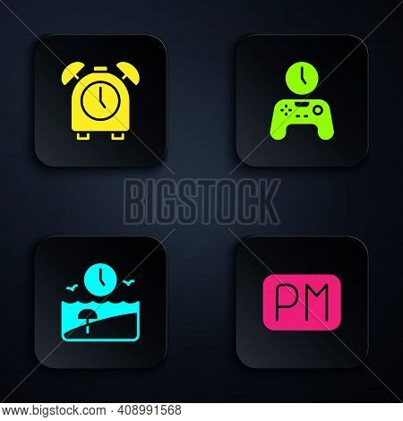 Set Day Time, Alarm Clock, Vacation And Gamepad Of. Black Square Button. Vector