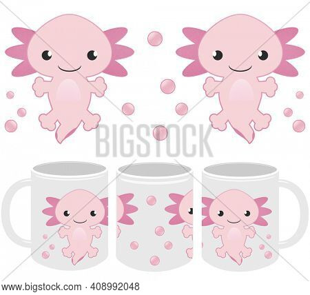 Pink Axolotl Mug Design Template and Mockup Set with Clipping Path Isolated on White for Print on Demand Drop Shipping