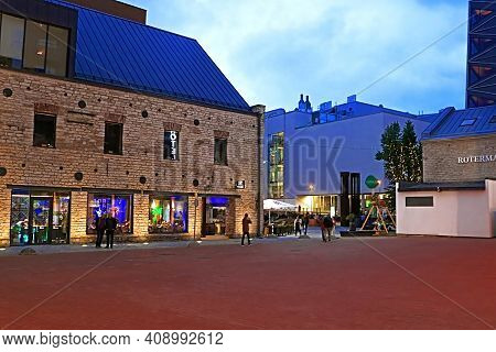 Tallinn, Estonia - August 29, 2018: Old And Modern Architecture Of Rotermann Quarter In The Evening