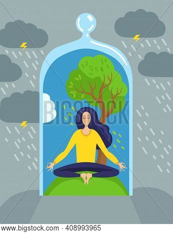 Illustration Of Woman In Lotus Pose Meditating Near A Tree Inside Glass Cover.