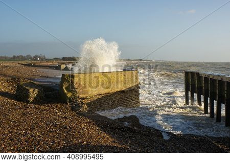 Stormy Weather With Waves On Shingle Beach At Climping Near Littlehampton, West Sussex, England. Sto